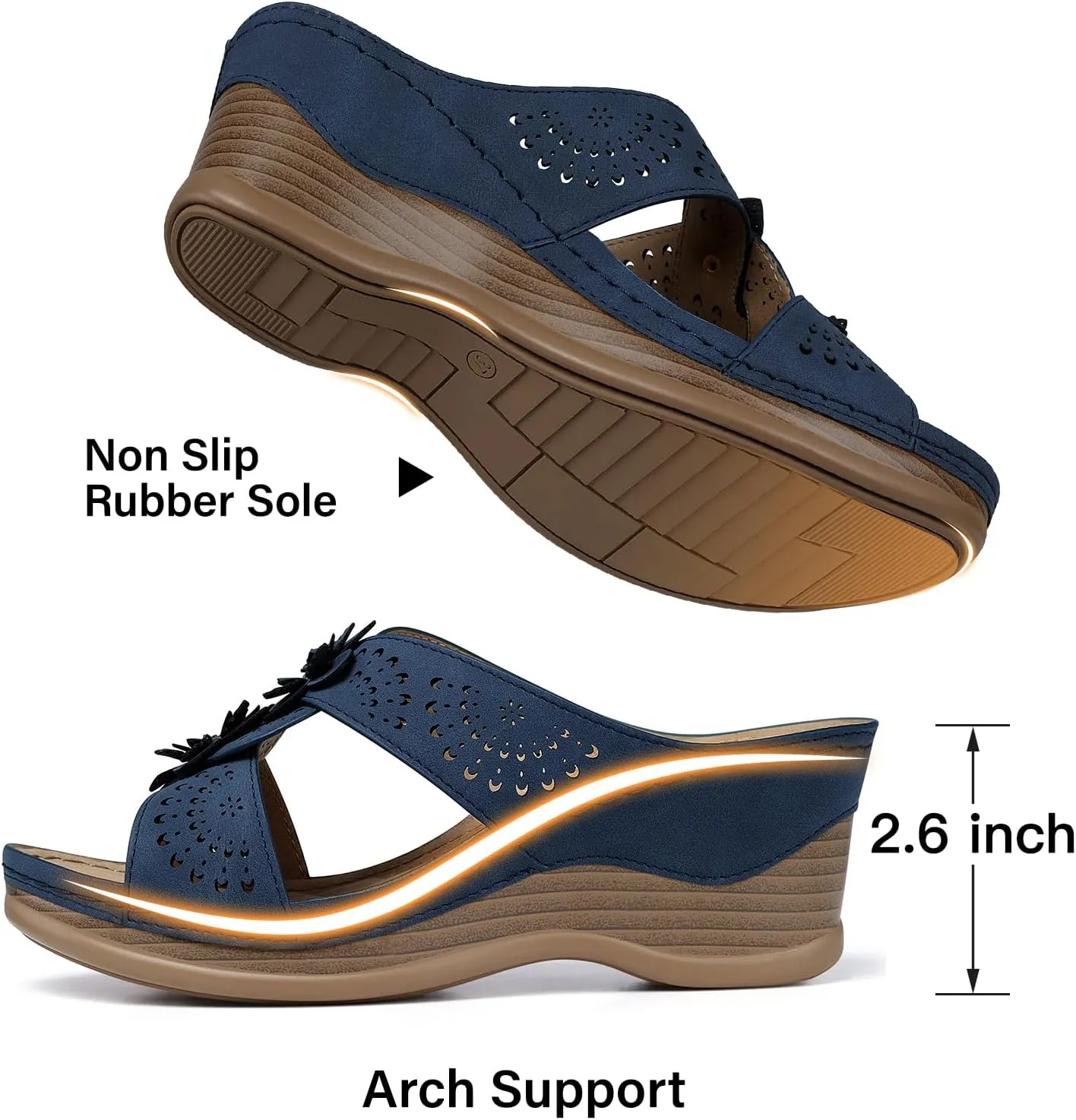 TEMOFON Womens Wedge Sandals Leather: Dressy Sandal, Rubber Sole, Comfortable Walking, Casual Slip on Summer Shoes, Size 5-11
