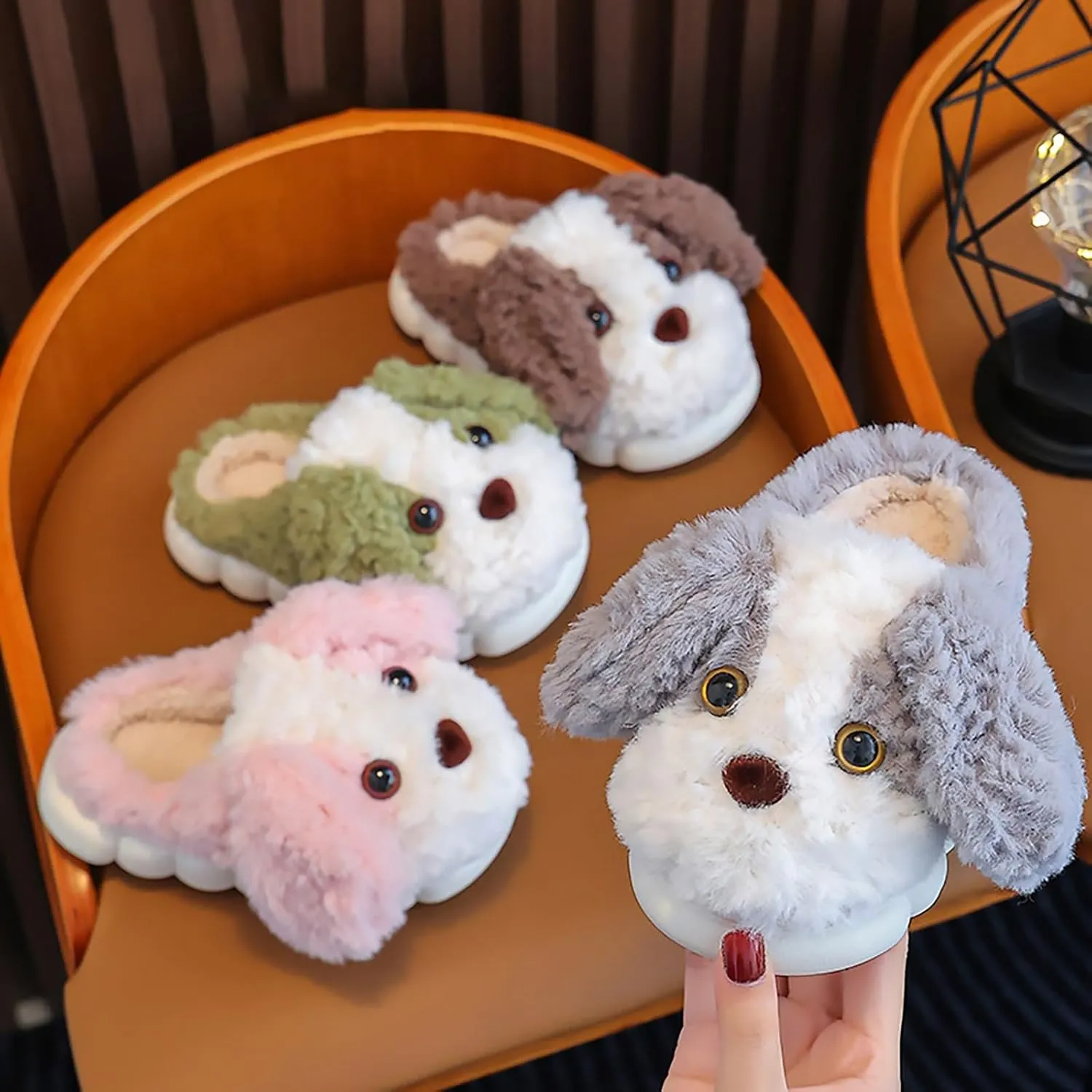 Toddler Girls Cotton Slippers Kids Indoor Bedroom Fuzzy Slippers Anti Slip Cute Puppy Pattern House Slippers