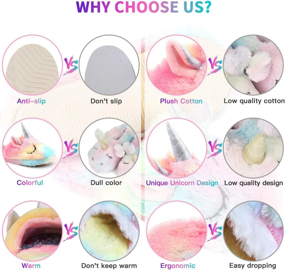 Unicorn Slippers for Girls Women Cute Cotton Rainbow Warm Anti-Slip Slippers
