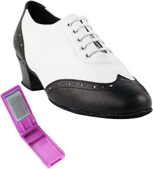 Very Fine Dance Shoes - Ladies Practice, Cuban Low Heel, Waltz Ballroom Dance Shoes - 2008-1.5-inch Heel and Foldable Brush Bundle - Black Leather - White Leather - 8.5