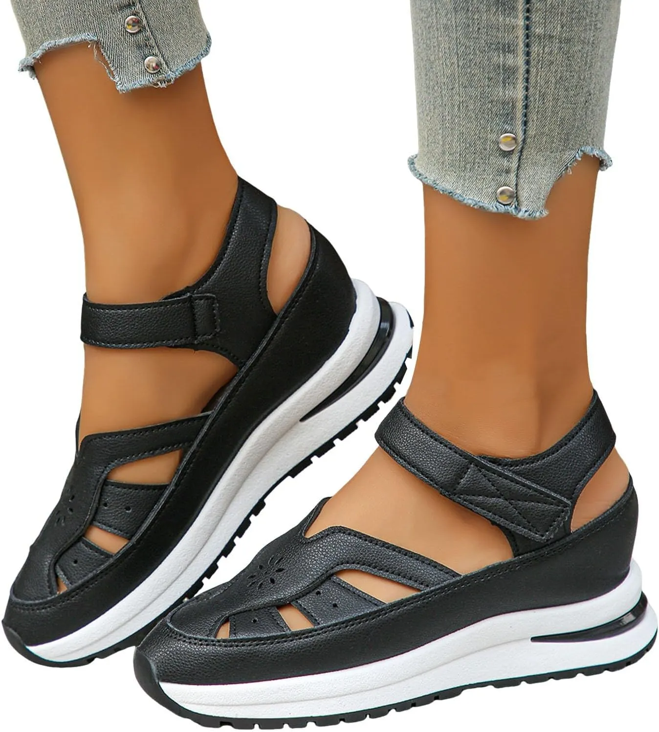 Walking and Hiking Sandals for Women 2025 Summer Thick Soled Hollow Out Leather Classic Closed Toe Fashion Sneakers Lightweight Breathable Comfortable Outdoor Wide Width Shoes with Arch Support