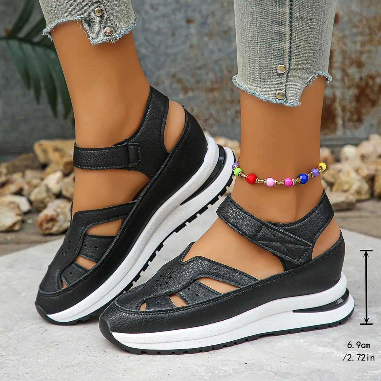 Walking and Hiking Sandals for Women 2025 Summer Thick Soled Hollow Out Leather Classic Closed Toe Fashion Sneakers Lightweight Breathable Comfortable Outdoor Wide Width Shoes with Arch Support