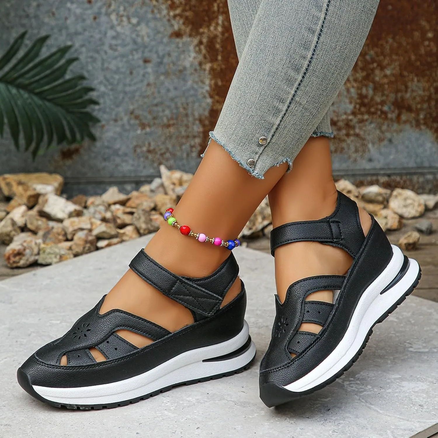 Walking and Hiking Sandals for Women 2025 Summer Thick Soled Hollow Out Leather Classic Closed Toe Fashion Sneakers Lightweight Breathable Comfortable Outdoor Wide Width Shoes with Arch Support