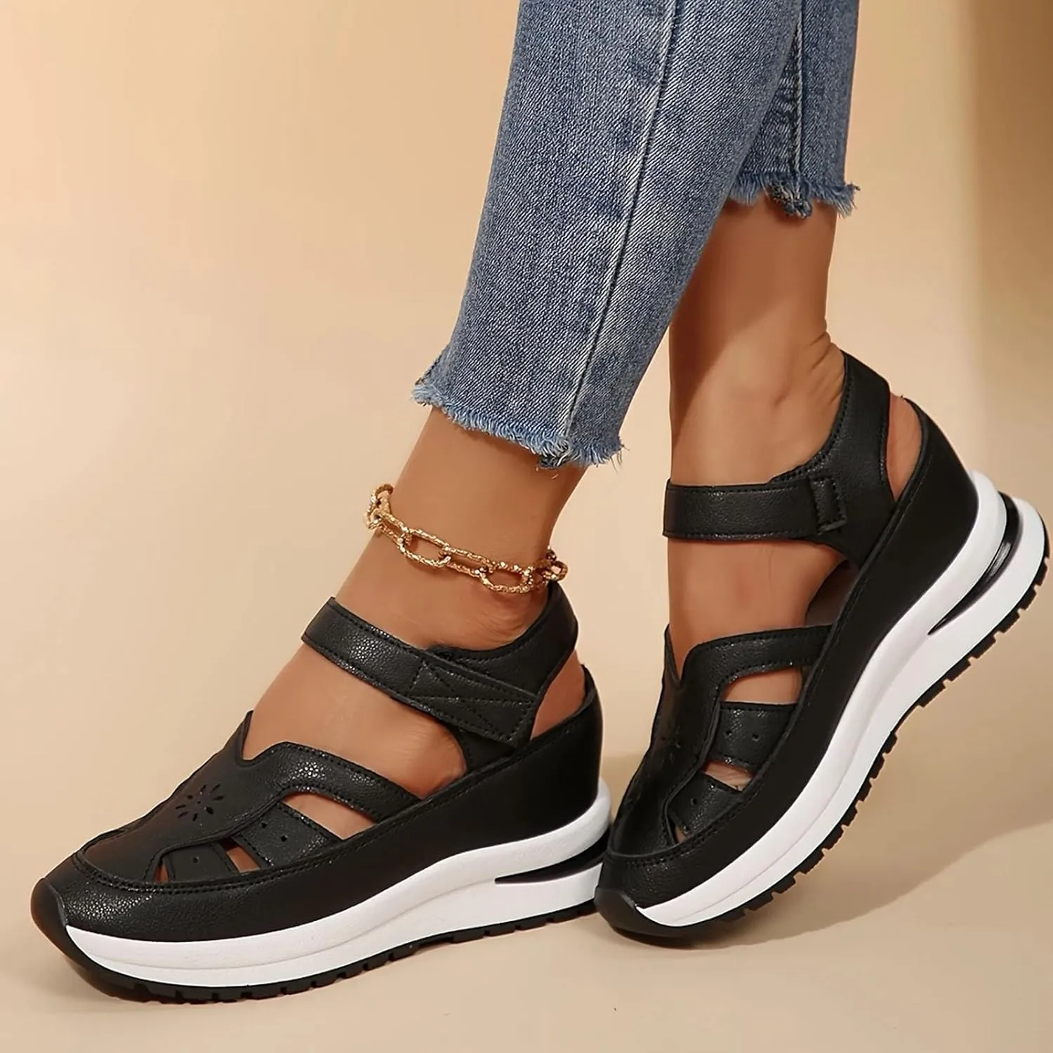 Walking and Hiking Sandals for Women 2025 Summer Thick Soled Hollow Out Leather Classic Closed Toe Fashion Sneakers Lightweight Breathable Comfortable Outdoor Wide Width Shoes with Arch Support