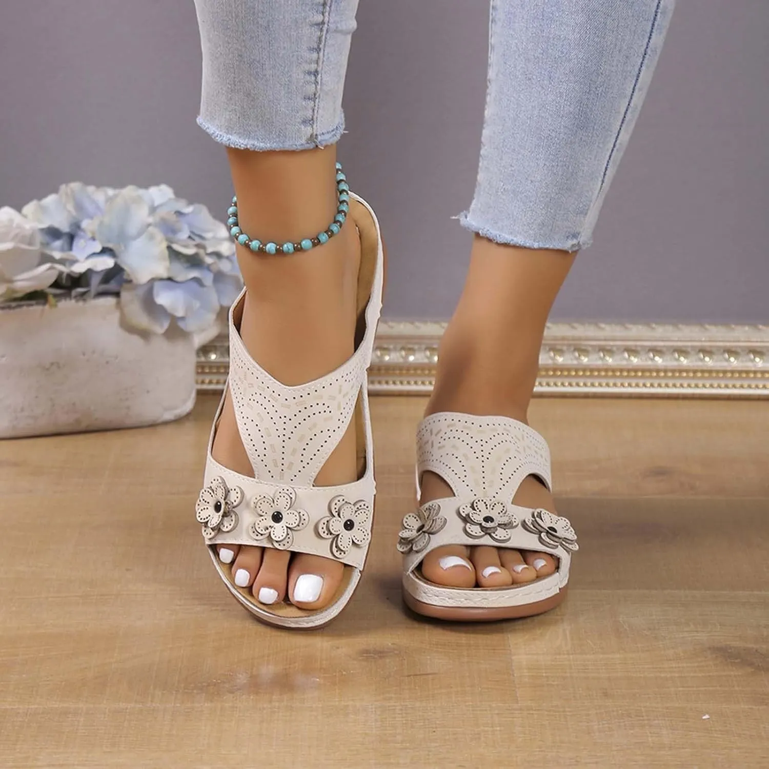 Wedge Orthopedic Sandals for Women Fishmouth Hollow Out Stylish Breathable Wedge Sandals Floral High Heeled Flat Wedge Slippers Summer Outdoor Walking Wedge Shoes