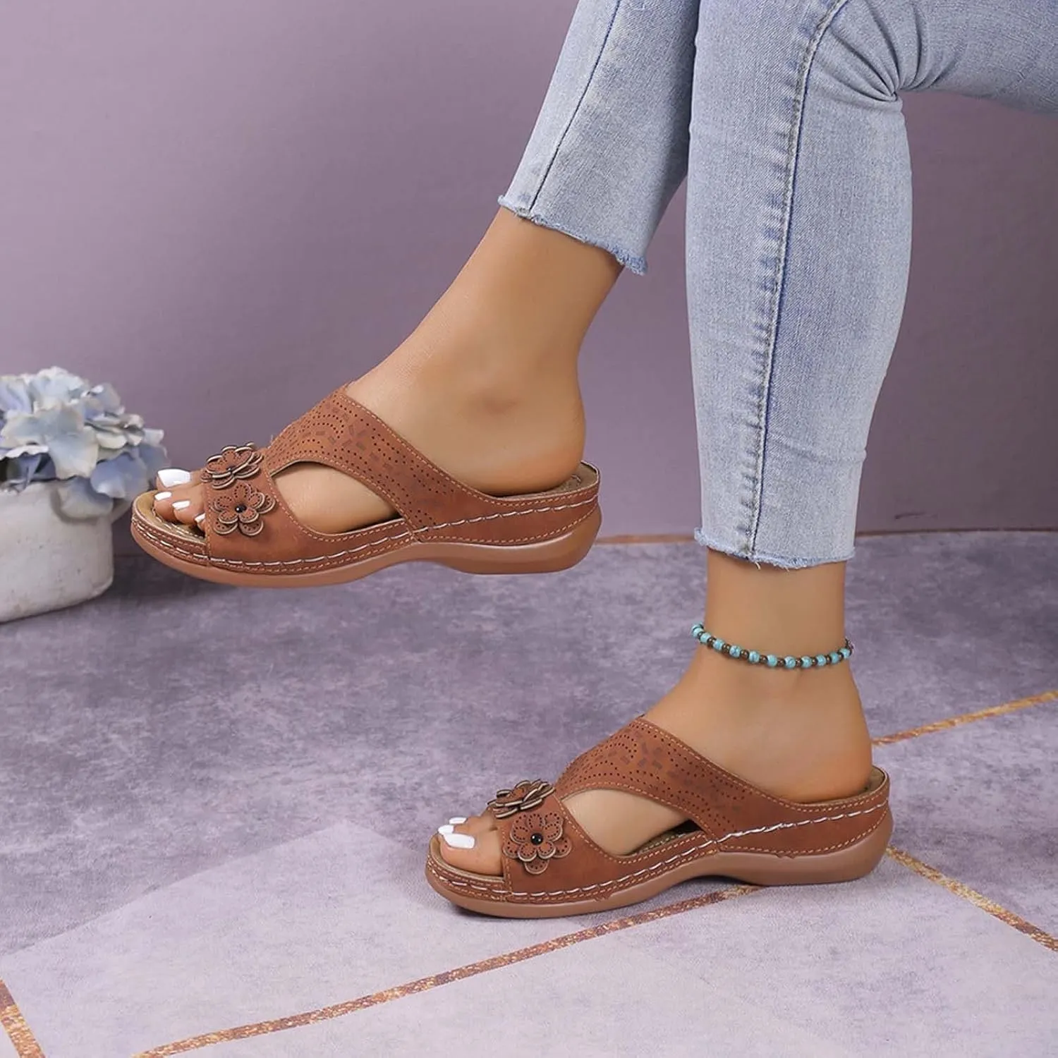 Wedge Orthopedic Sandals for Women Fishmouth Hollow Out Stylish Breathable Wedge Sandals Floral High Heeled Flat Wedge Slippers Summer Outdoor Walking Wedge Shoes