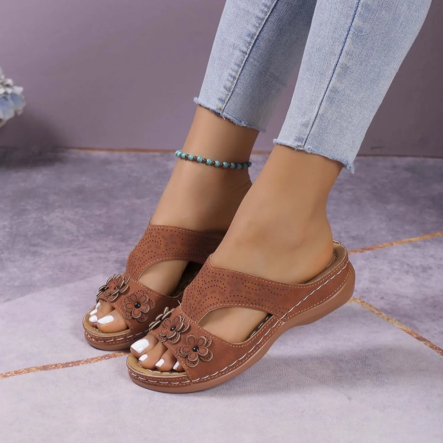 Wedge Orthopedic Sandals for Women Fishmouth Hollow Out Stylish Breathable Wedge Sandals Floral High Heeled Flat Wedge Slippers Summer Outdoor Walking Wedge Shoes