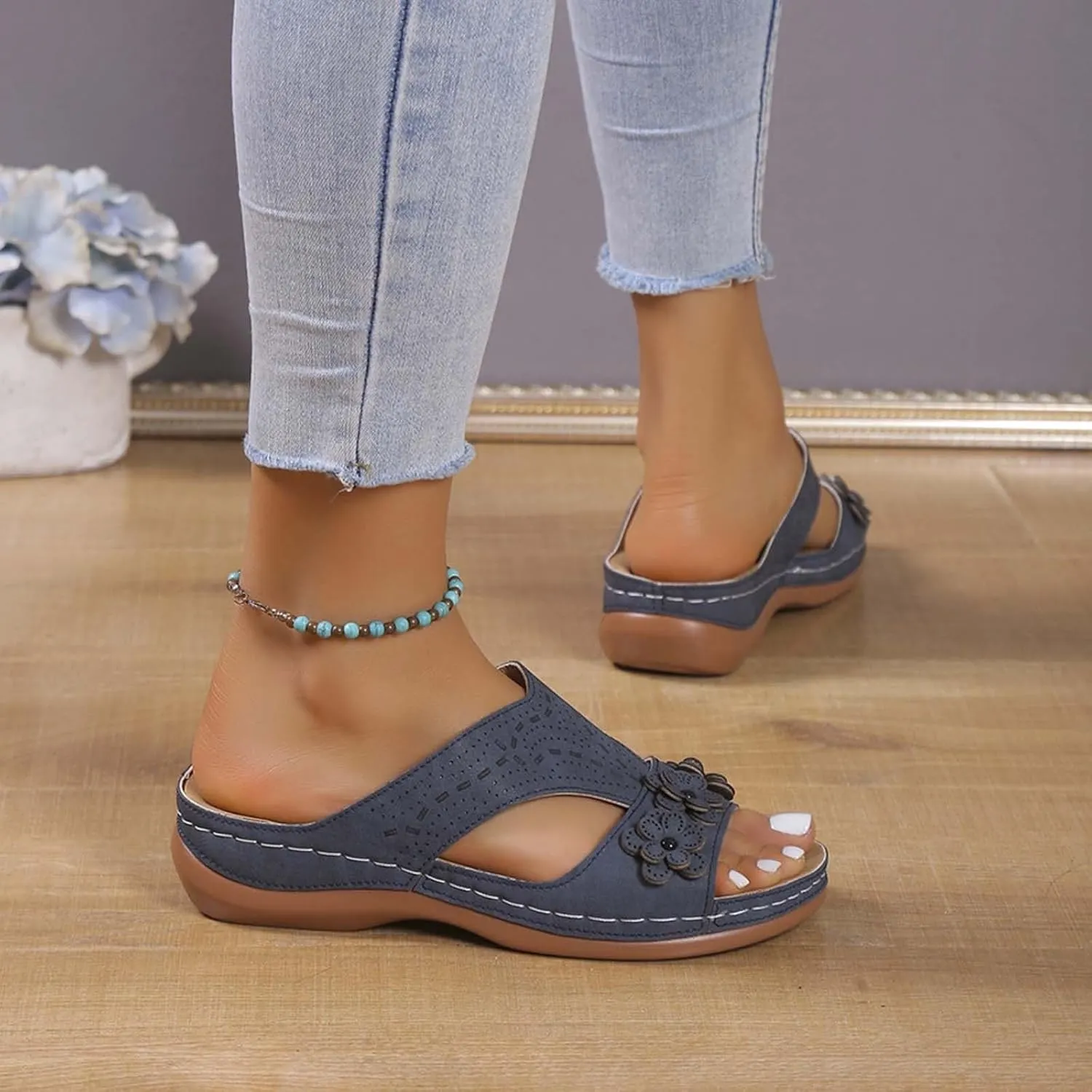 Wedge Orthopedic Sandals for Women Fishmouth Hollow Out Stylish Breathable Wedge Sandals Floral High Heeled Flat Wedge Slippers Summer Outdoor Walking Wedge Shoes