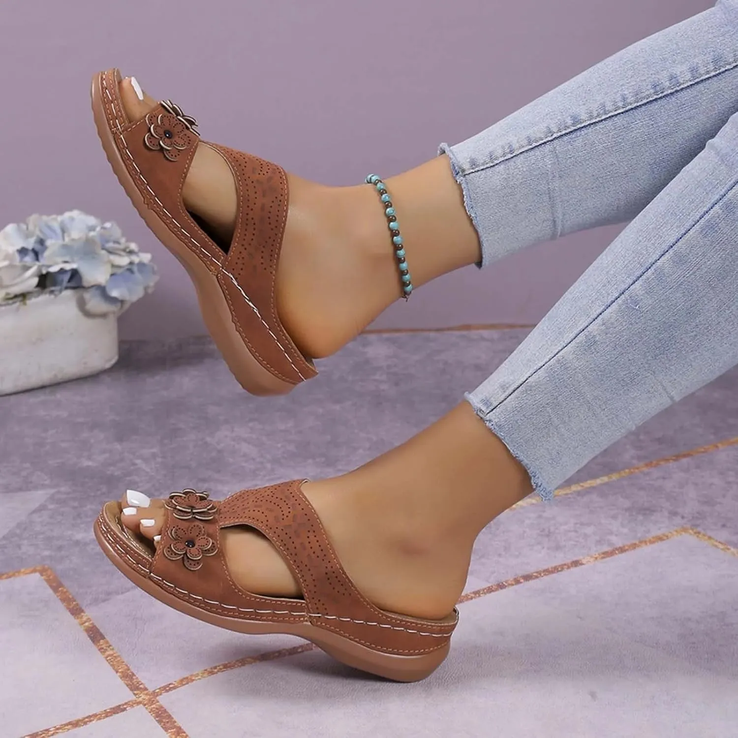 Wedge Orthopedic Sandals for Women Fishmouth Hollow Out Stylish Breathable Wedge Sandals Floral High Heeled Flat Wedge Slippers Summer Outdoor Walking Wedge Shoes