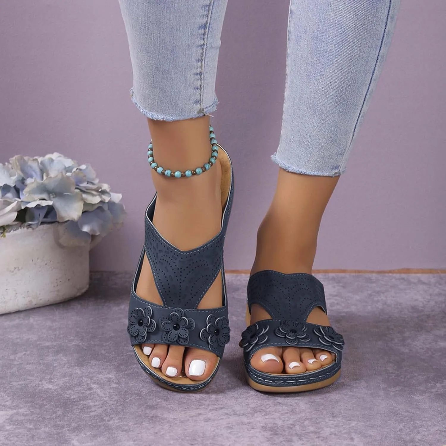 Wedge Orthopedic Sandals for Women Fishmouth Hollow Out Stylish Breathable Wedge Sandals Floral High Heeled Flat Wedge Slippers Summer Outdoor Walking Wedge Shoes