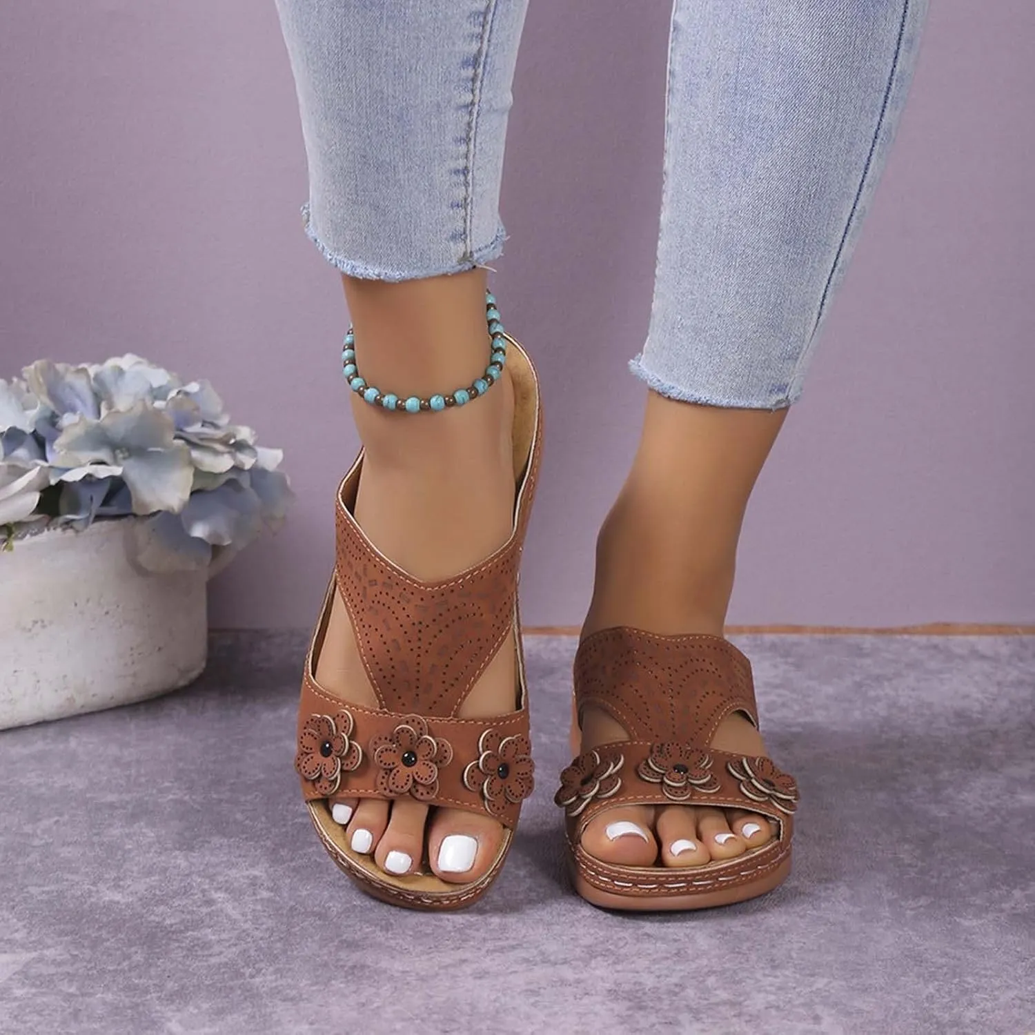 Wedge Orthopedic Sandals for Women Fishmouth Hollow Out Stylish Breathable Wedge Sandals Floral High Heeled Flat Wedge Slippers Summer Outdoor Walking Wedge Shoes