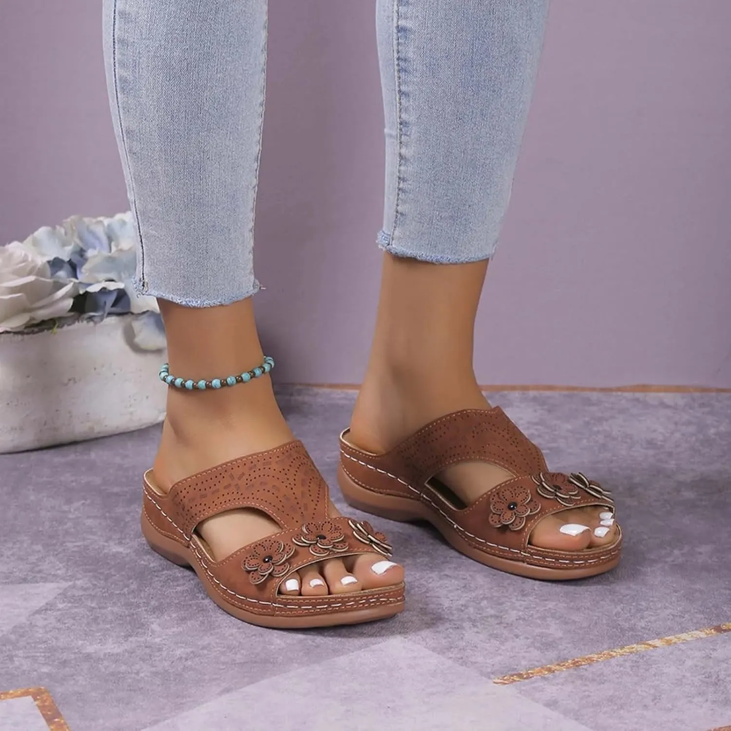 Wedge Orthopedic Sandals for Women Fishmouth Hollow Out Stylish Breathable Wedge Sandals Floral High Heeled Flat Wedge Slippers Summer Outdoor Walking Wedge Shoes