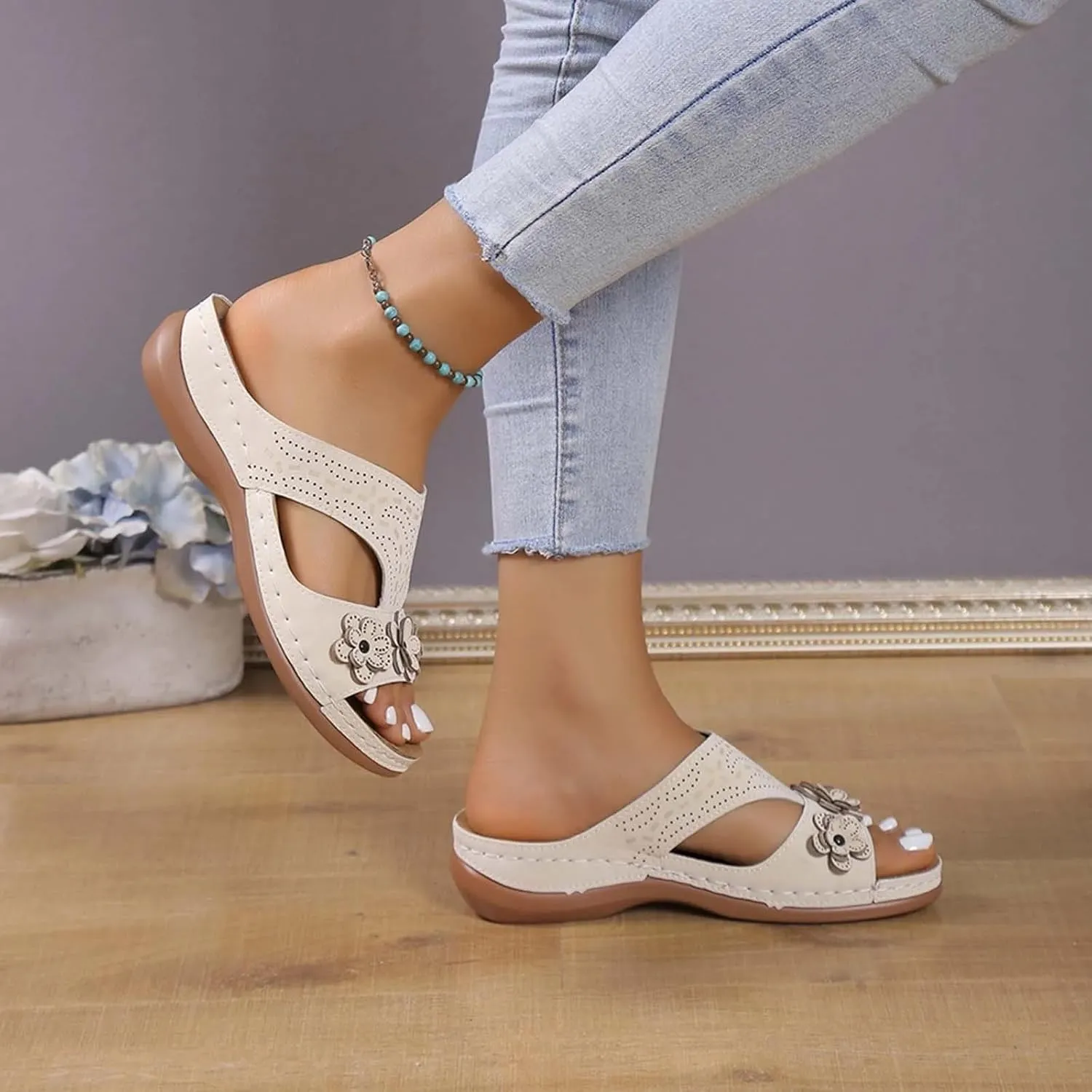 Wedge Orthopedic Sandals for Women Fishmouth Hollow Out Stylish Breathable Wedge Sandals Floral High Heeled Flat Wedge Slippers Summer Outdoor Walking Wedge Shoes