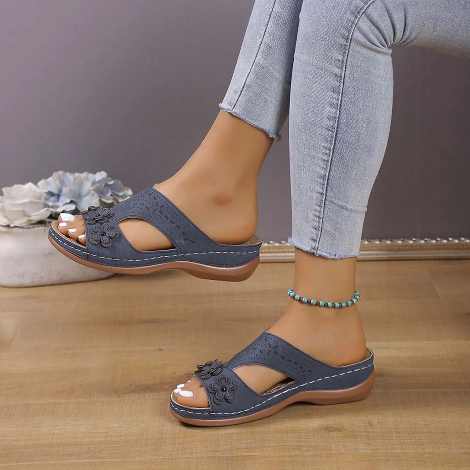 Wedge Orthopedic Sandals for Women Fishmouth Hollow Out Stylish Breathable Wedge Sandals Floral High Heeled Flat Wedge Slippers Summer Outdoor Walking Wedge Shoes