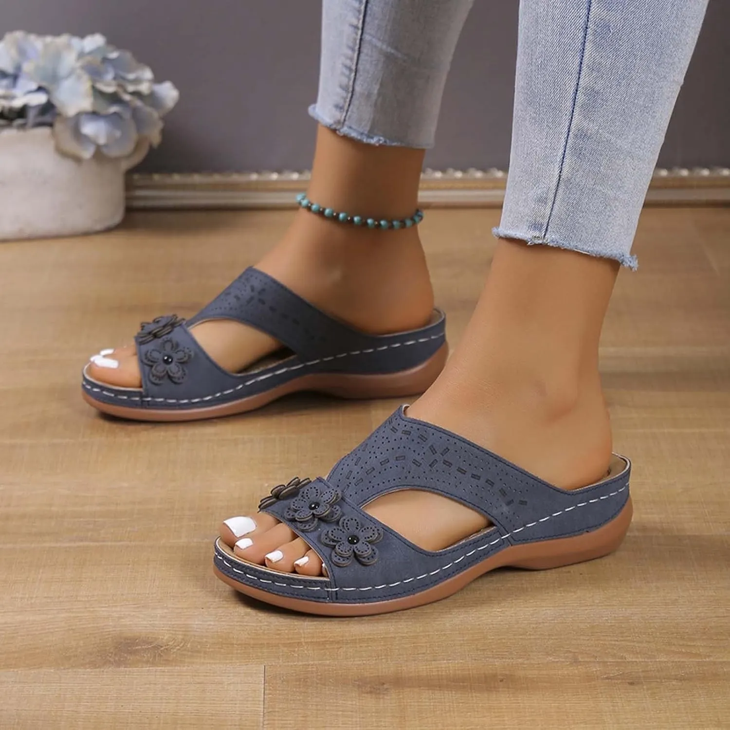 Wedge Orthopedic Sandals for Women Fishmouth Hollow Out Stylish Breathable Wedge Sandals Floral High Heeled Flat Wedge Slippers Summer Outdoor Walking Wedge Shoes