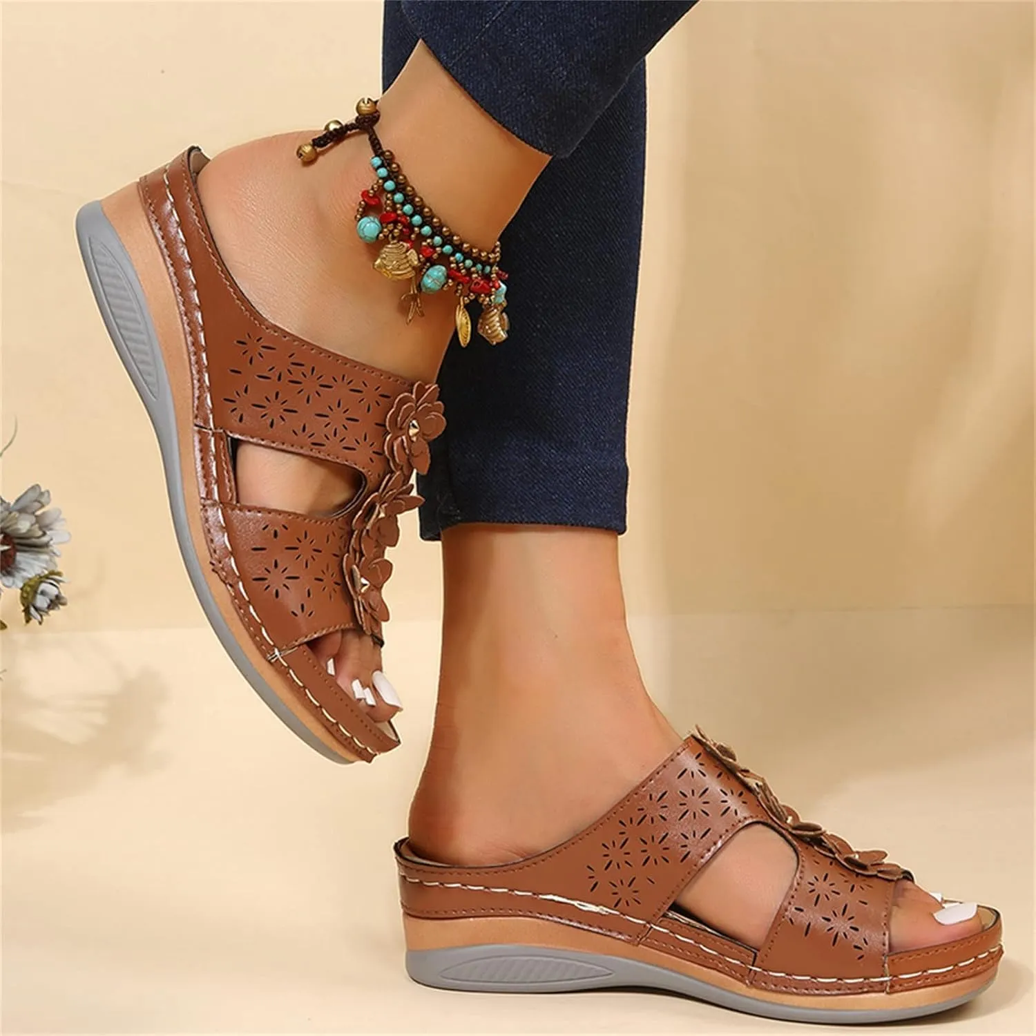 Wedge Sandals for Women Double Buckle Ankle Strap and Peep Toe Platform Heels for Secure Fit and Breathability Orthopedic Sandal Beach Dressy Flip Flops for Wide Toe 2025 Spring