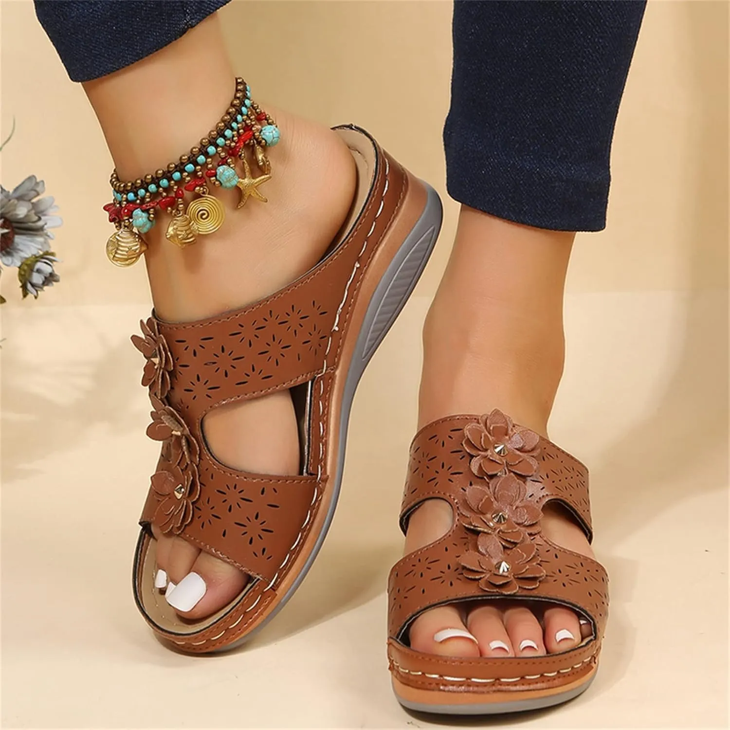 Wedge Sandals for Women Double Buckle Ankle Strap and Peep Toe Platform Heels for Secure Fit and Breathability Orthopedic Sandal Beach Dressy Flip Flops for Wide Toe 2025 Spring