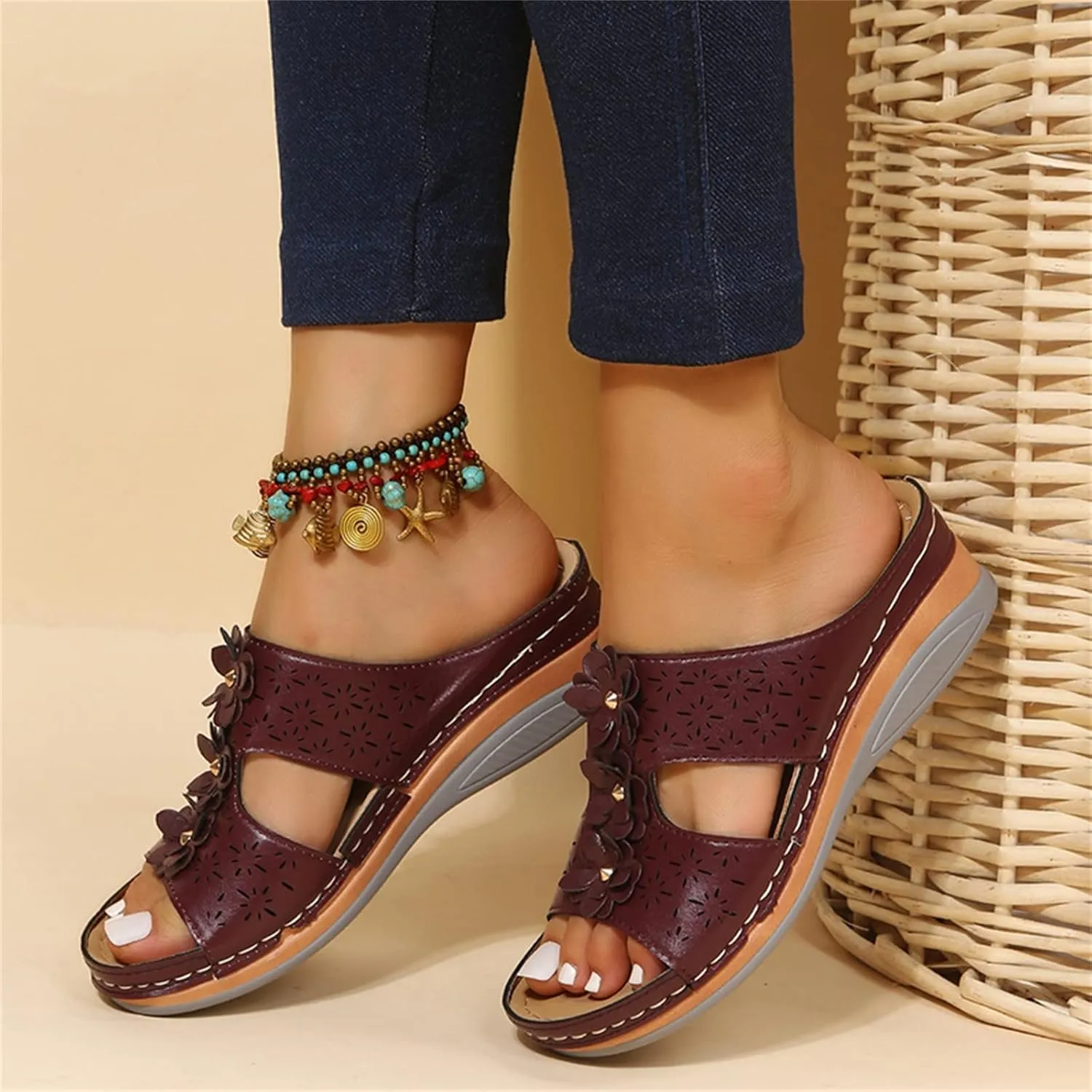 Wedge Sandals for Women Double Buckle Ankle Strap and Peep Toe Platform Heels for Secure Fit and Breathability Orthopedic Sandal Beach Dressy Flip Flops for Wide Toe 2025 Spring