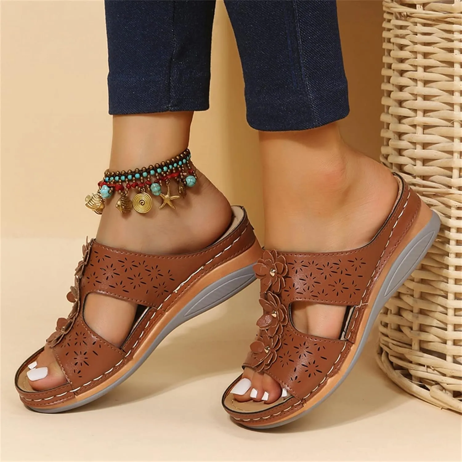 Wedge Sandals for Women Double Buckle Ankle Strap and Peep Toe Platform Heels for Secure Fit and Breathability Orthopedic Sandal Beach Dressy Flip Flops for Wide Toe 2025 Spring