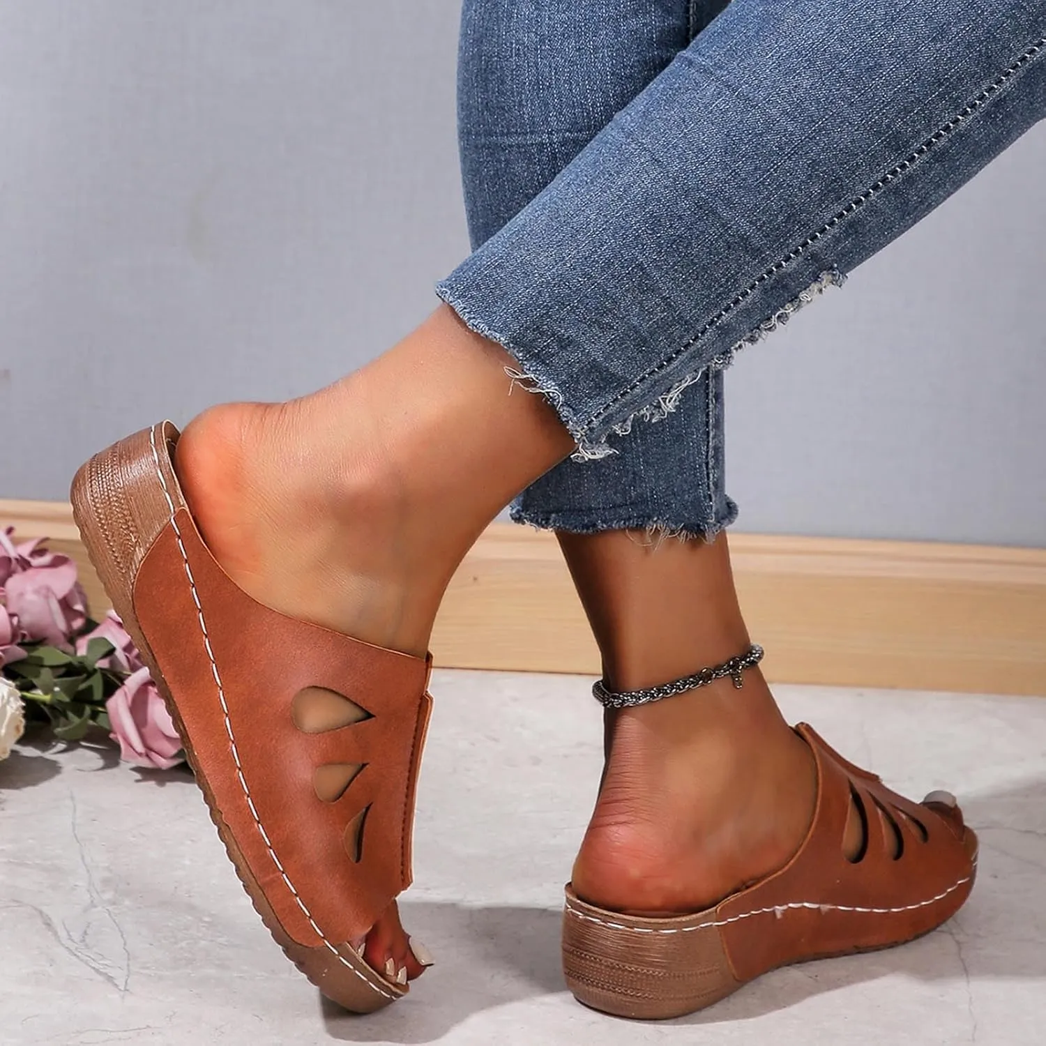 Wedge Sandals for Women Dressy Orthopedic Non Slip Sandals Hollow Out Open Toe Slingback Beach Slippers Soft Sushion Lightweight Walking Outdoor Shoes