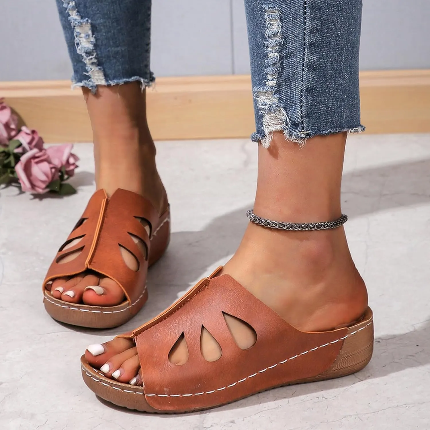 Wedge Sandals for Women Dressy Orthopedic Non Slip Sandals Hollow Out Open Toe Slingback Beach Slippers Soft Sushion Lightweight Walking Outdoor Shoes