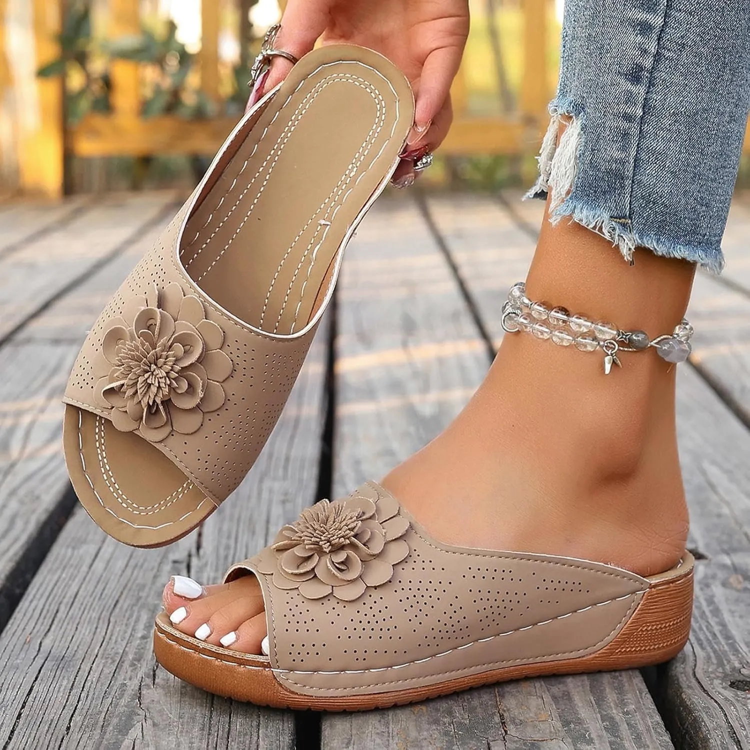 Wedge Sandals For Women Dressy Summer Slip On Orthopedic Flat Sandal, Womens Slides Comfortable Walking Platform Sandals