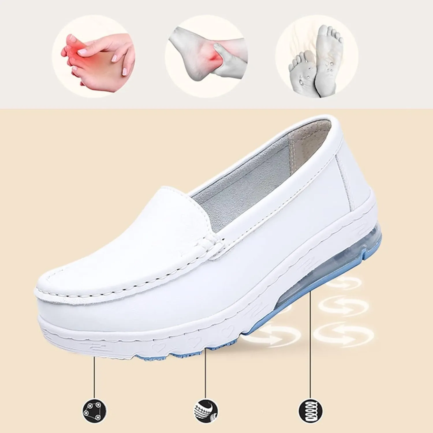 White Healthcare Nursing Shoes Women,Professional Comfortable Orthopedic Nurse Work Shoes,Breathable Soft Non-Slip Sole Loafers Food Service Chef Shoes,with Arch Support