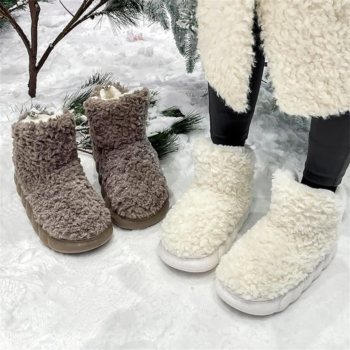 Winter Soft Warm Bootie Fluffy Plush Slip-On Booty Slipper, Women's Indoor Outdoor Lovely Fleece Booties (C,6-7)