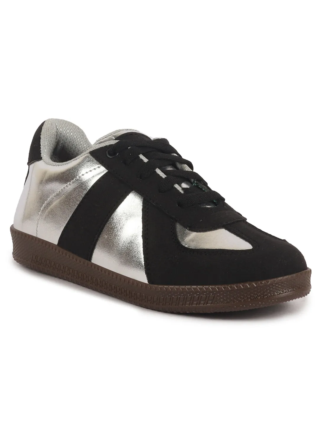 Women Black Embellished Classic Lace-Up Casual Shoes|Memory Cushioned Comfortable Sneakers