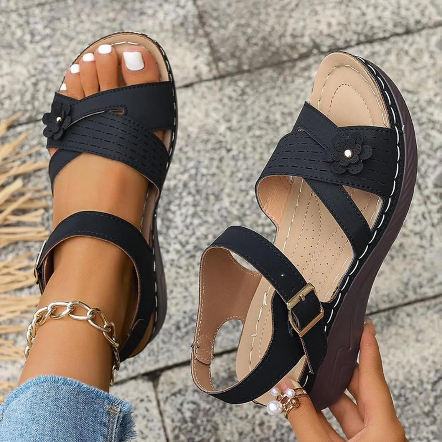 Women Summer Orthopedic Wedge Sandals Floral Open Toe Comfortable Wedge Shoes Fashionable Stylish Breathable Non Slip Wedge Shoes
