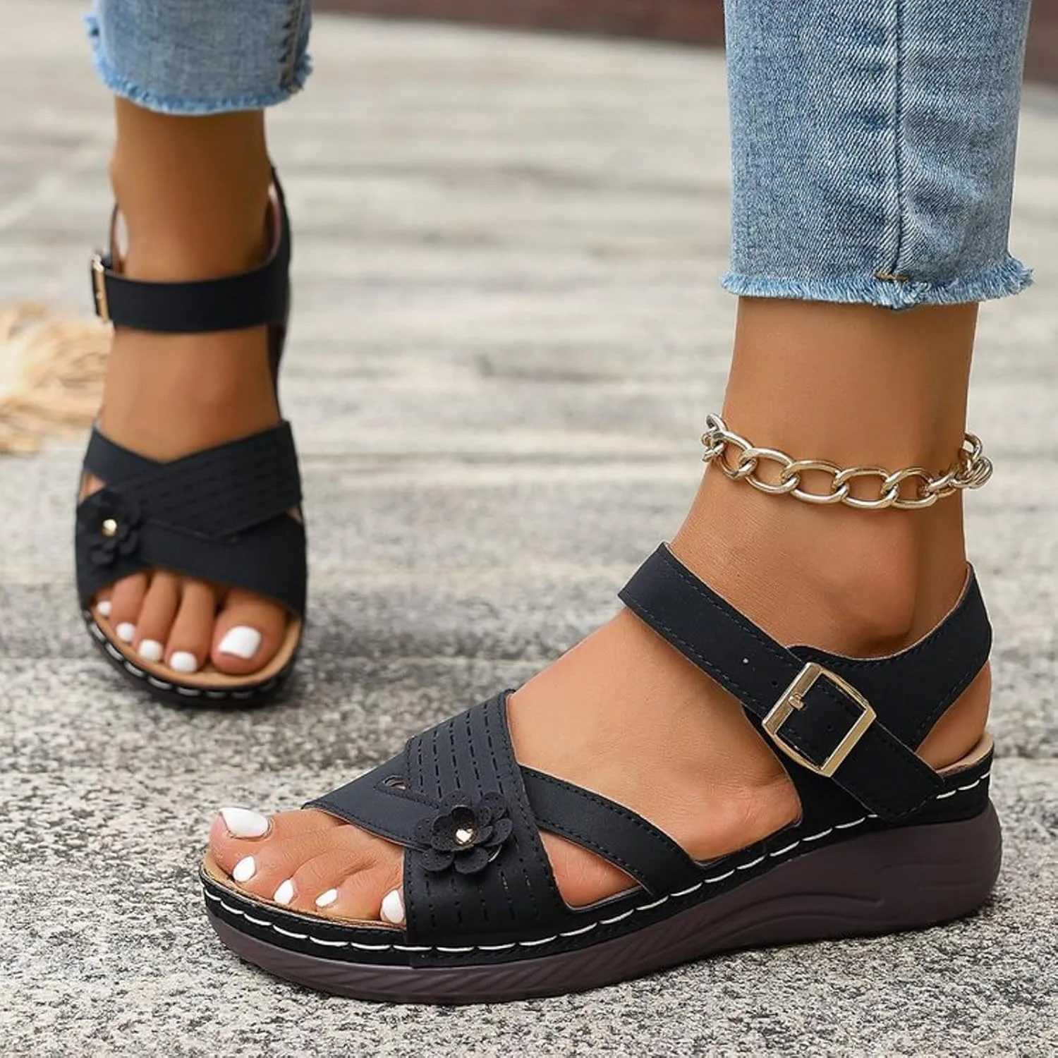 Women Summer Orthopedic Wedge Sandals Floral Open Toe Comfortable Wedge Shoes Fashionable Stylish Breathable Non Slip Wedge Shoes
