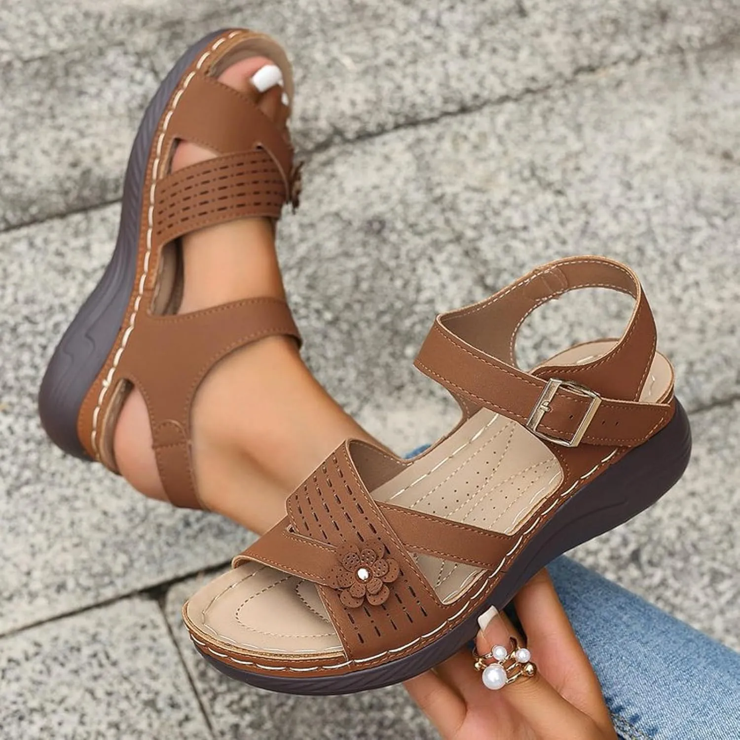 Women Summer Orthopedic Wedge Sandals Floral Open Toe Comfortable Wedge Shoes Fashionable Stylish Breathable Non Slip Wedge Shoes