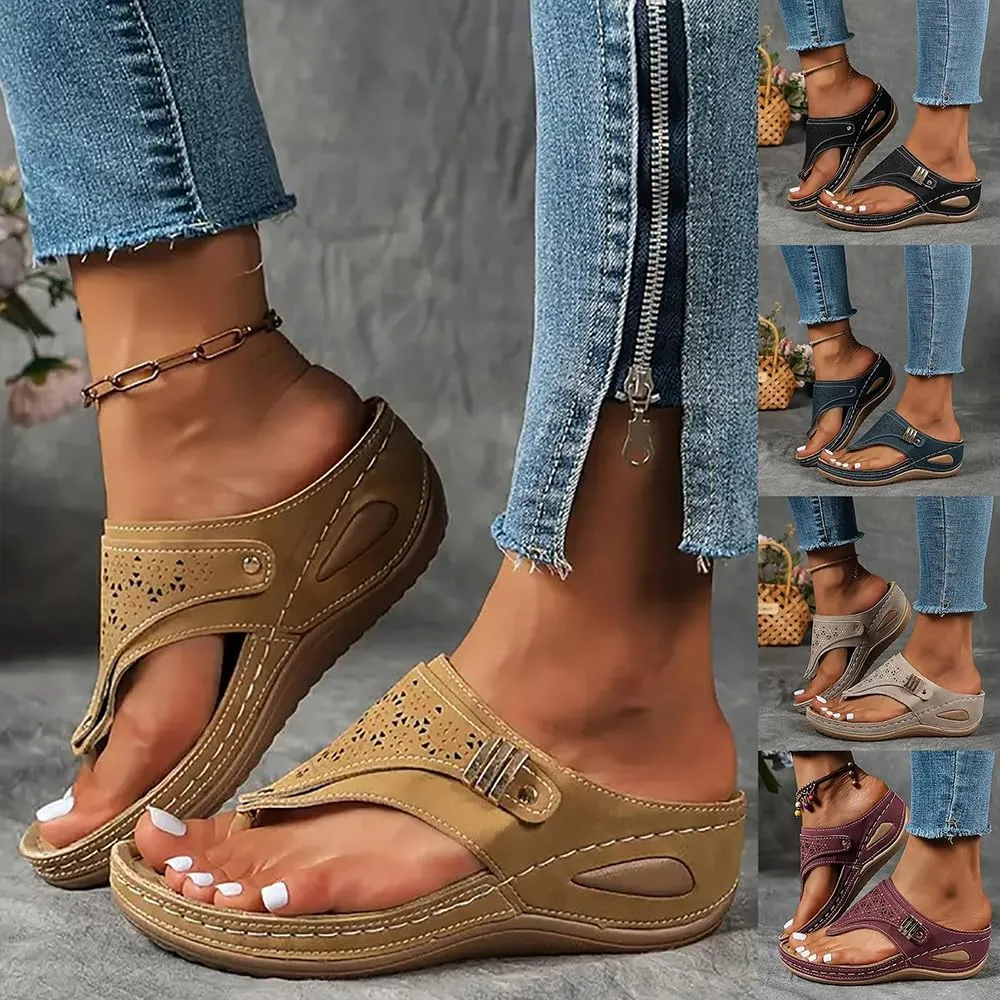 Women's 2025 Dressy Orthopedic Sandals With Arch Support, Summer Breathable Cutout Open Toe Flip Flops, Flat Platform Slip-On Slippers - Boho Beach Walking Shoes