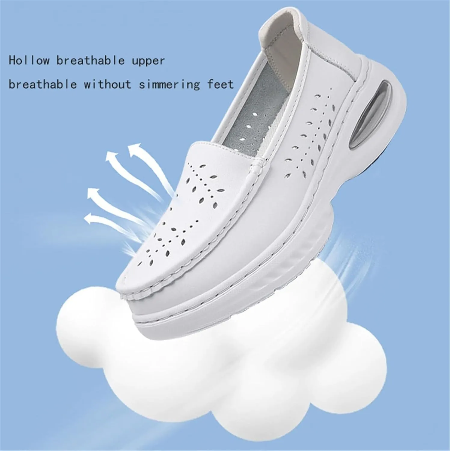 Women's Air-Cushion Orthopedic Slip-On Breathable Hollow Leather Nurse Shoes, Casual White Non Slip Soft Bottom Classic Loafers, for Medical Workers, Doctors, Medical Care