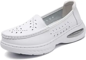 Women's Air-Cushion Orthopedic Slip-On Breathable Hollow Leather Nurse Shoes, Casual White Non Slip Soft Bottom Classic Loafers, for Medical Workers, Doctors, Medical Care