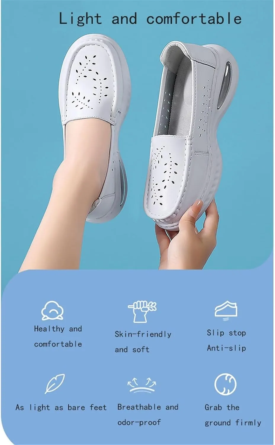 Women's Air-Cushion Orthopedic Slip-On Breathable Hollow Leather Nurse Shoes, Casual White Non Slip Soft Bottom Classic Loafers, for Medical Workers, Doctors, Medical Care
