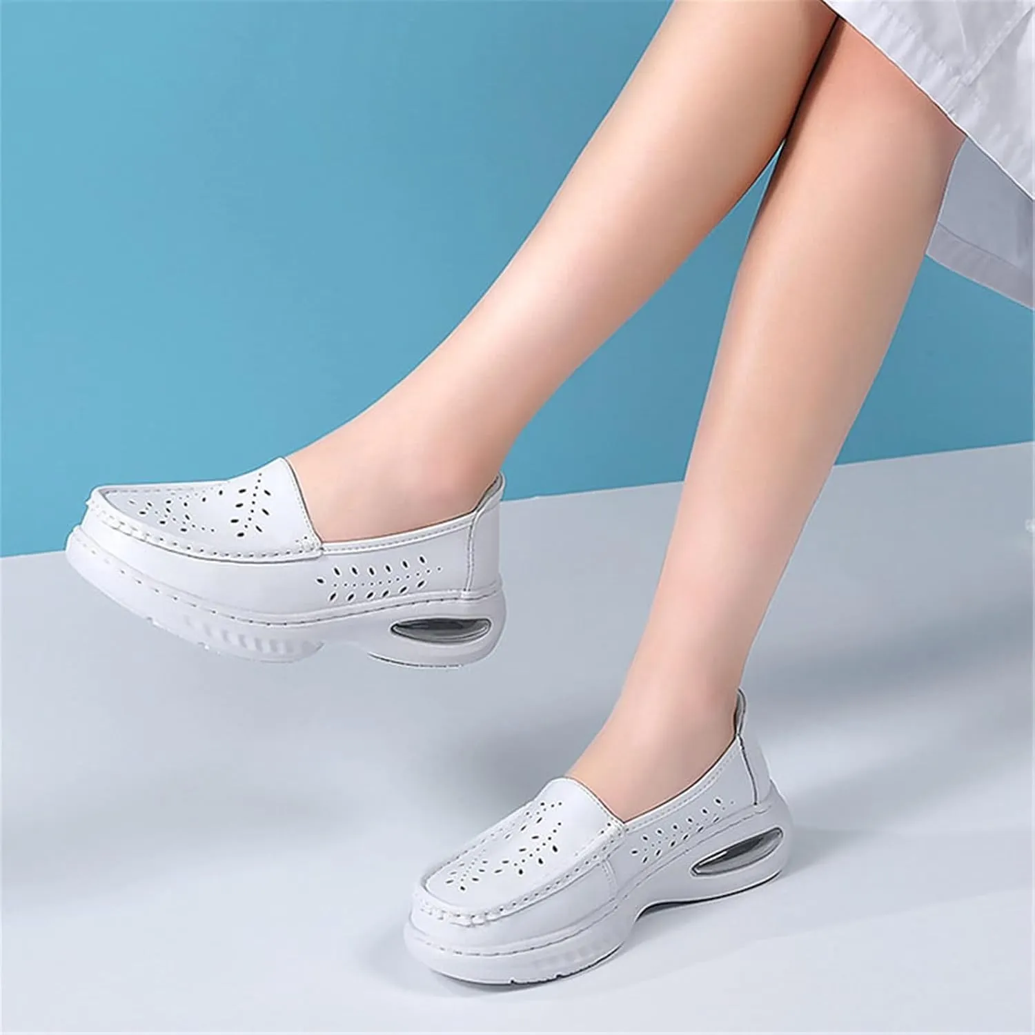 Women's Air-Cushion Orthopedic Slip-On Breathable Hollow Leather Nurse Shoes, Casual White Non Slip Soft Bottom Classic Loafers, for Medical Workers, Doctors, Medical Care