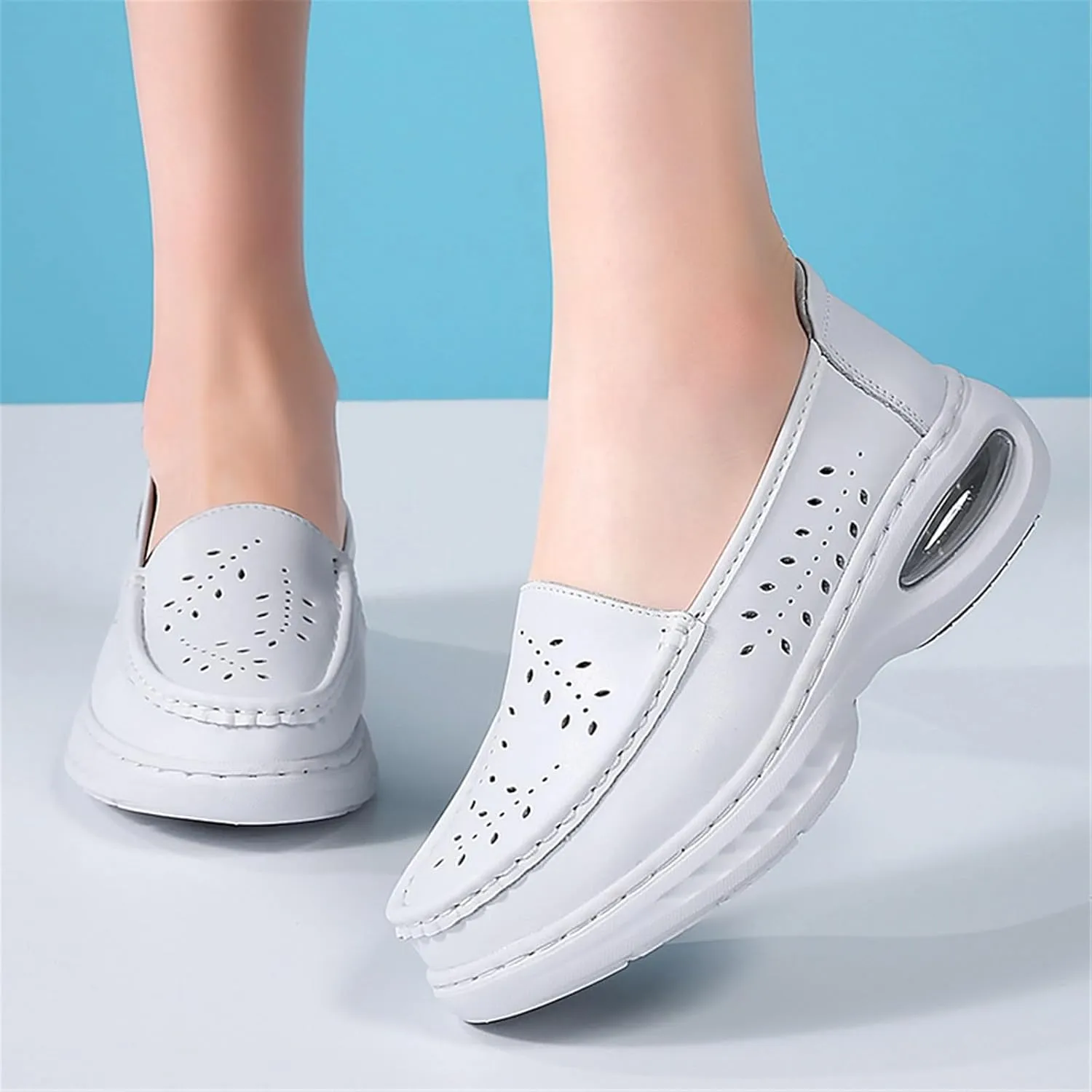 Women's Air-Cushion Orthopedic Slip-On Breathable Hollow Leather Nurse Shoes, Casual White Non Slip Soft Bottom Classic Loafers, for Medical Workers, Doctors, Medical Care