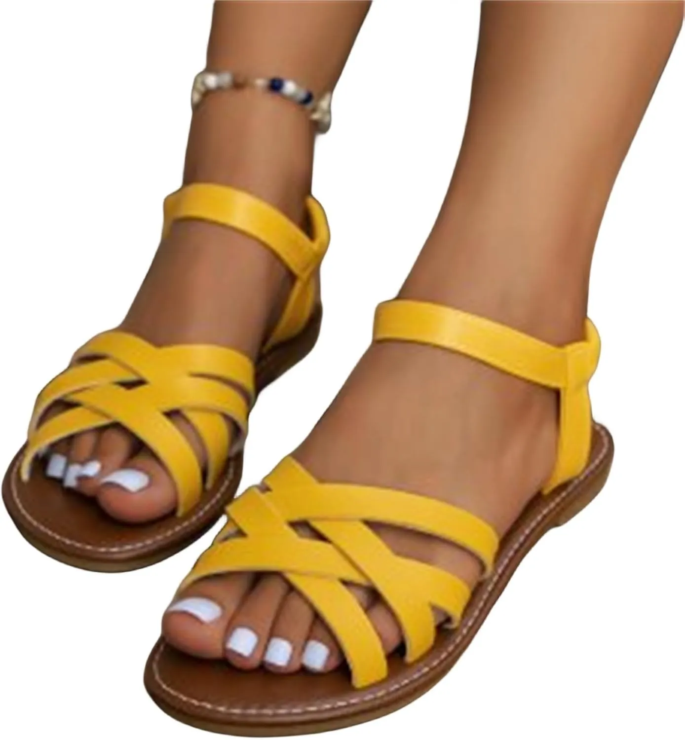 Women's Casual Strappy Sandal Gladiator Flat Sandals Fisherman Strappy Ankle Strap Casual Cute Criss Cross Flat Summer Shoes Open Toe Slingback Slip On Gladiator Sandal Beach Fashion Flats Sandals