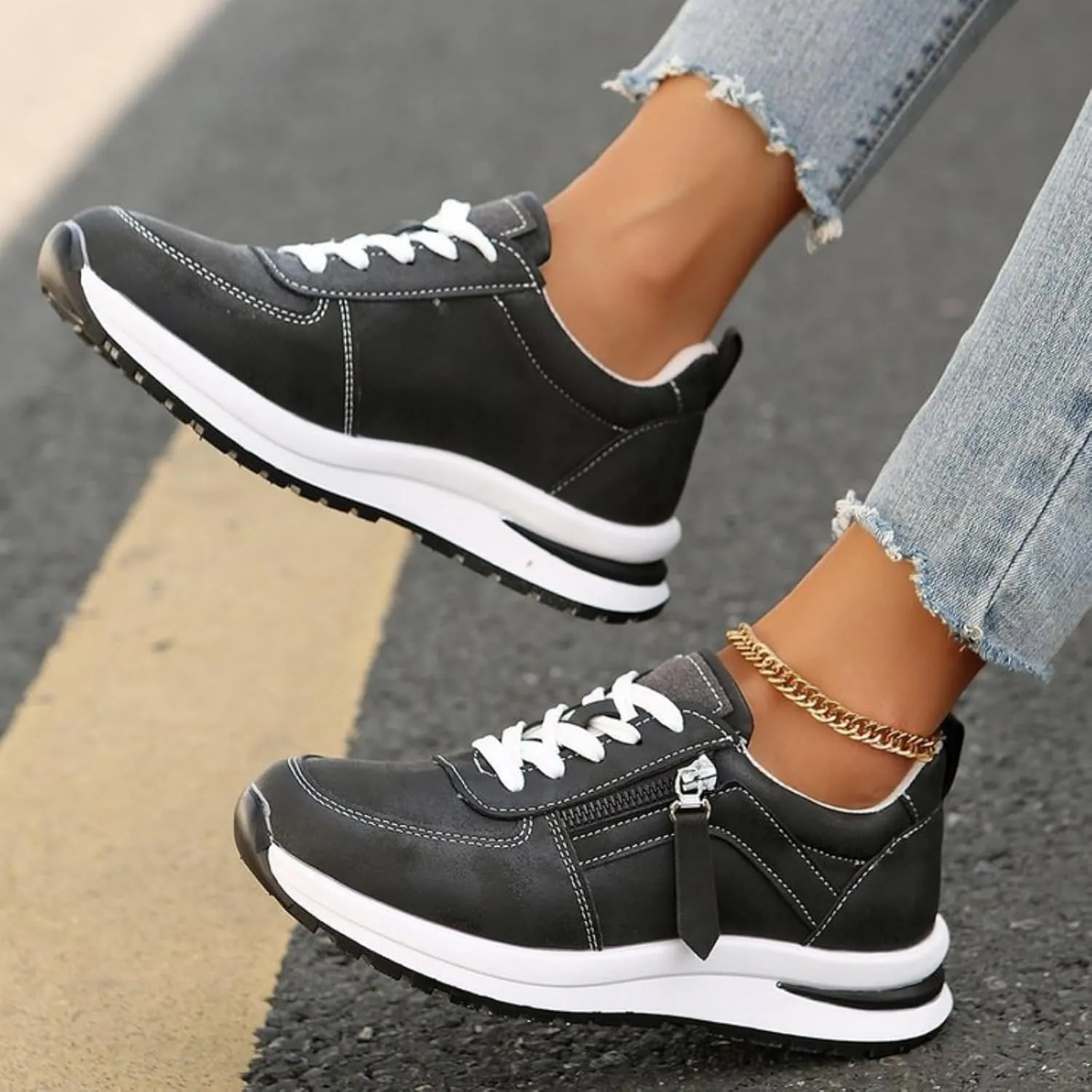 Womens Fashion Sneakers Shoes Slip on Lightweight Casual Tennis Shoes with Side Zipper Thick Sole Lace up Business Shoe Non Slip Arch Support Outdoor Breathable Comfortable Walking Loafers