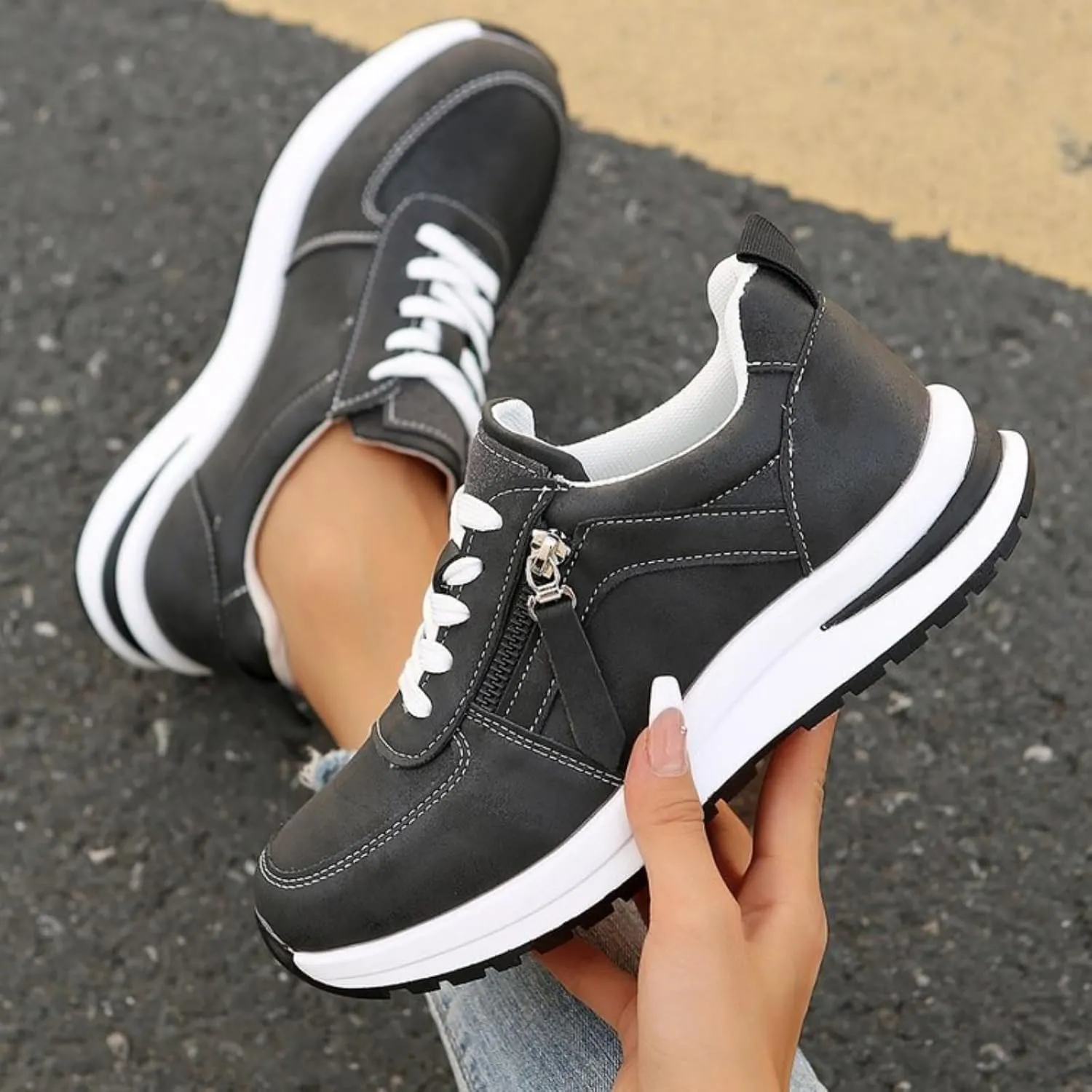 Womens Fashion Sneakers Shoes Slip on Lightweight Casual Tennis Shoes with Side Zipper Thick Sole Lace up Business Shoe Non Slip Arch Support Outdoor Breathable Comfortable Walking Loafers