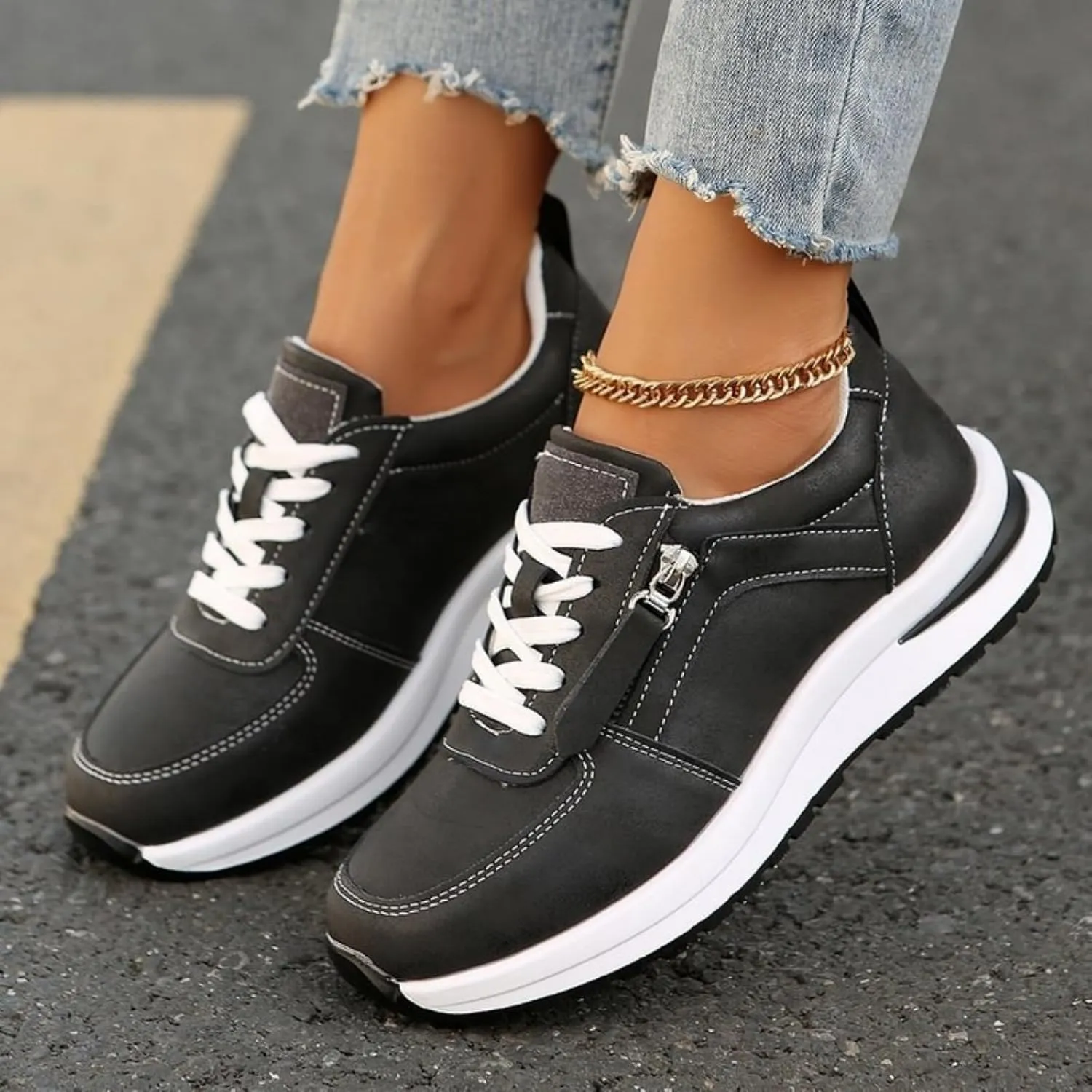 Womens Fashion Sneakers Shoes Slip on Lightweight Casual Tennis Shoes with Side Zipper Thick Sole Lace up Business Shoe Non Slip Arch Support Outdoor Breathable Comfortable Walking Loafers