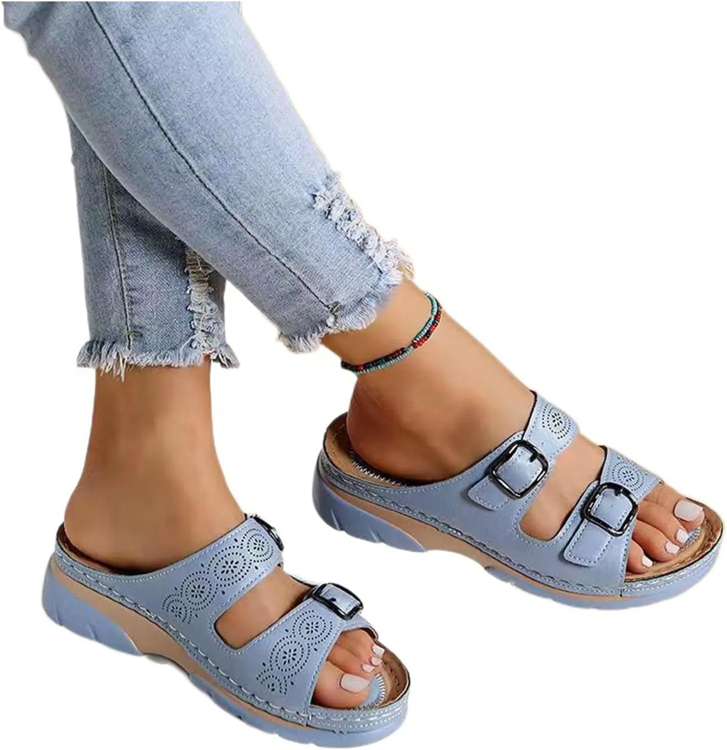Women's Faux Leather Sandals With Arch Support Summer Breathable Adjustable Orthopedic Diabetic Wedge Slip On Sandals Outdoor Casual Anti-Slip Open Toe Walking Beach Slippers
