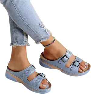 Women's Faux Leather Sandals With Arch Support Summer Breathable Adjustable Orthopedic Diabetic Wedge Slip On Sandals Outdoor Casual Anti-Slip Open Toe Walking Beach Slippers