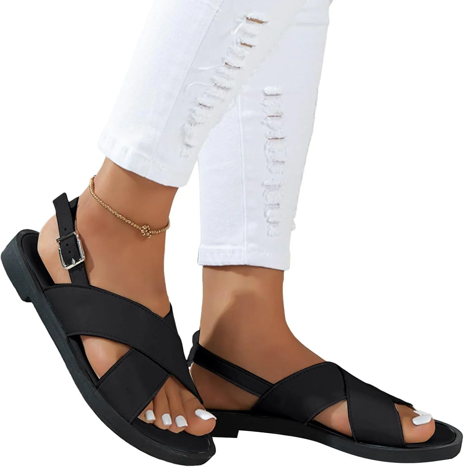 Women's Flat Dress Shoes Wide Width Sandals 2025 Summer Fashionable Casual Retro Hollow Open Toe Solid Color Asjustable Sandals Comfortable Lightweight Slingback Beach Vacation Walking Footwear