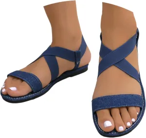 Women's Flat Sandals Arch Support Orthopedic 2025 Fashion Summer Round Toe Open Toe Comfort Slip-on Elastic Ankle Strap Sandals Beach Vacation Wide Width Walking Dress Shoes