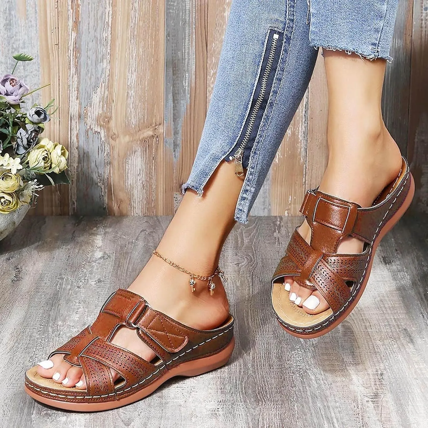 Women's Flat Sandals Womens Flat Sandals Slip on Summer Beach Sandal for Women Flip Flops Arch Support