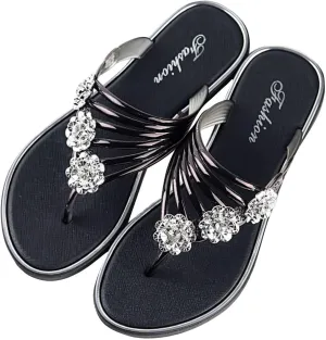 Women's Flat Sandals,Rhinestone Flowers Flip Flops for Women 2025 Bohe Slippers Flats Summer Beach Sandals Comfortable Clip Toe Slide Sandal Lightweight Slip-on Dressy Thong Casual Shoes