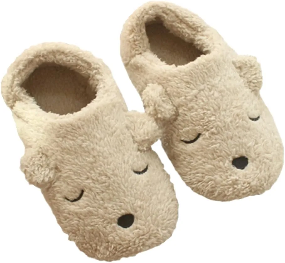 Womens Fleece Slippers,Indoor Cute Cartoon Winter Soft Warm Cozy Booties Non-Slip Plush Mules Home Bedroom Slip-on Shoes Ankle Boots for Girls Ladies (Bear, US Size:9-10??EUR Size:40-41??)