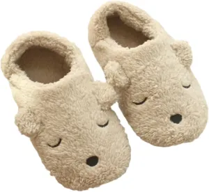 Womens Fleece Slippers,Indoor Cute Cartoon Winter Soft Warm Cozy Booties Non-Slip Plush Mules Home Bedroom Slip-on Shoes Ankle Boots for Girls Ladies (Bear, US Size:9-10??EUR Size:40-41??)